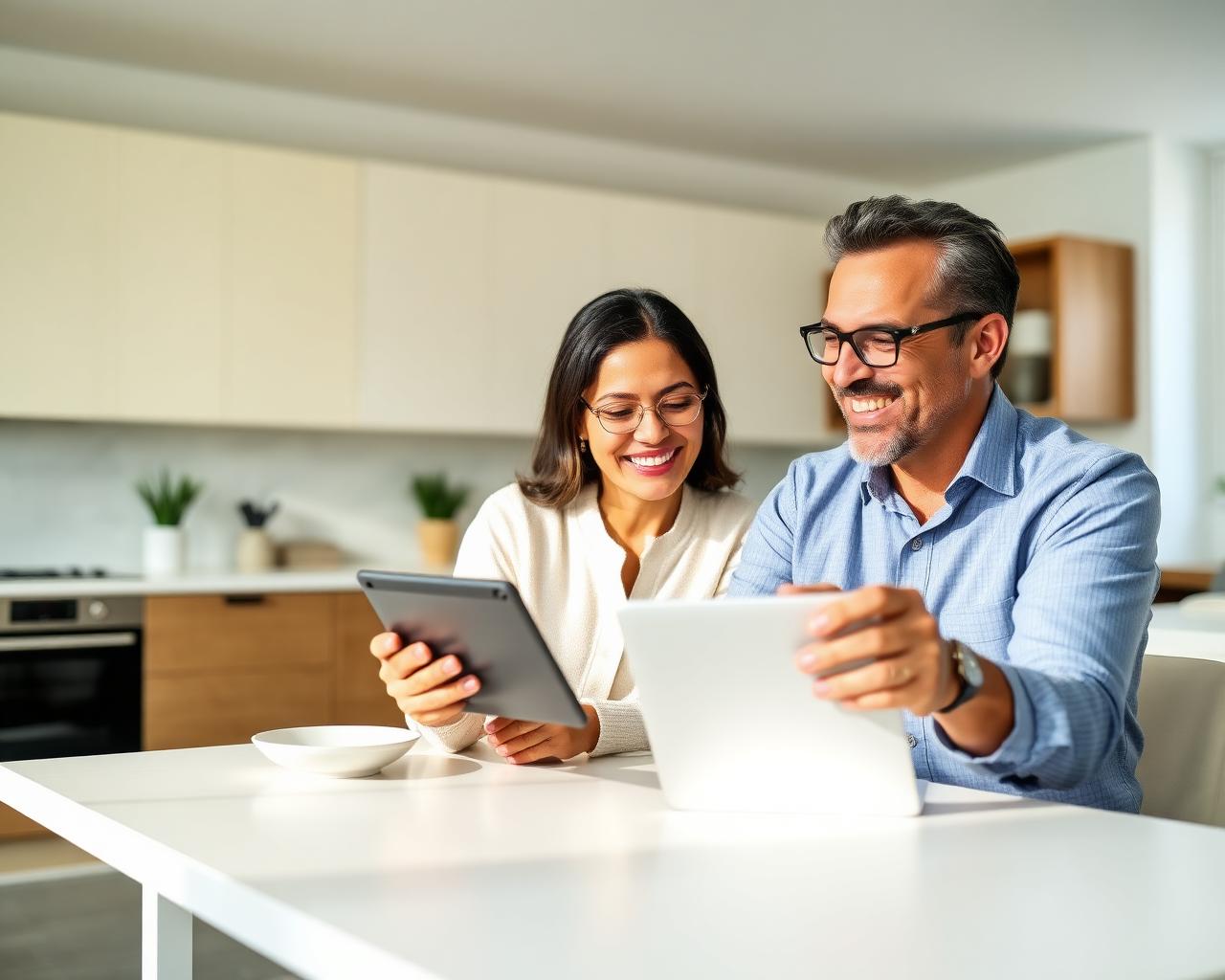 Pareja latina de 45 años aprendiendo IA juntos en una tablet