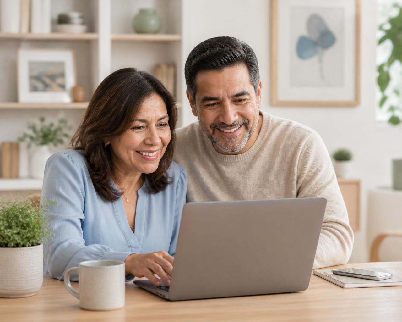 Pareja latina de 45 años aprendiendo IA con su computadora