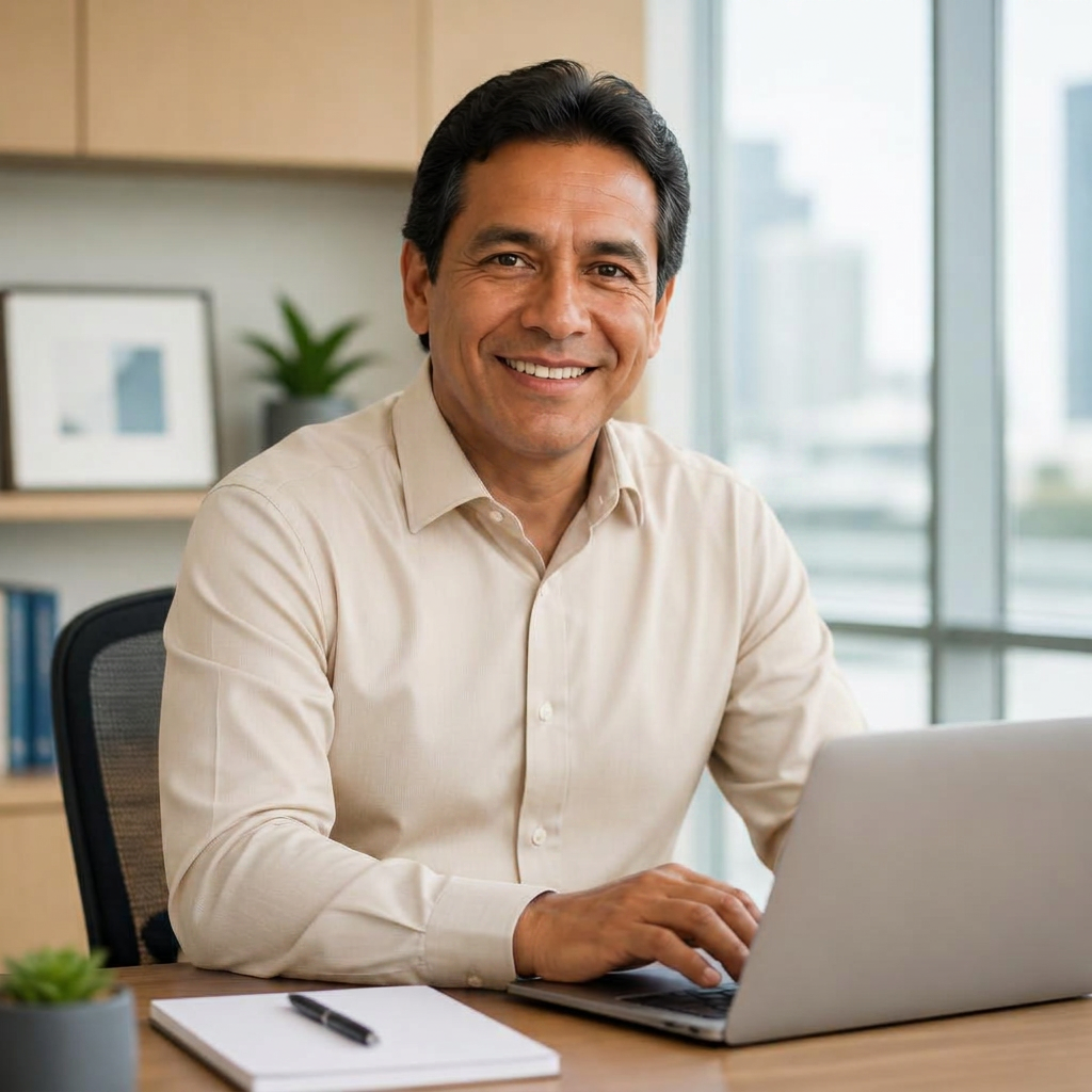 Hombre latino de 50 años feliz usando su computadora en la oficina